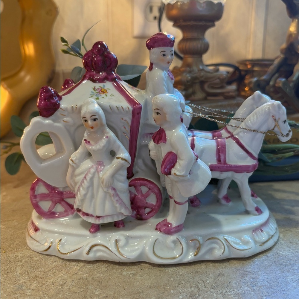 Vintage Carriage Horse and Victorian Couple Figurine Dresden Style Bridgerton
